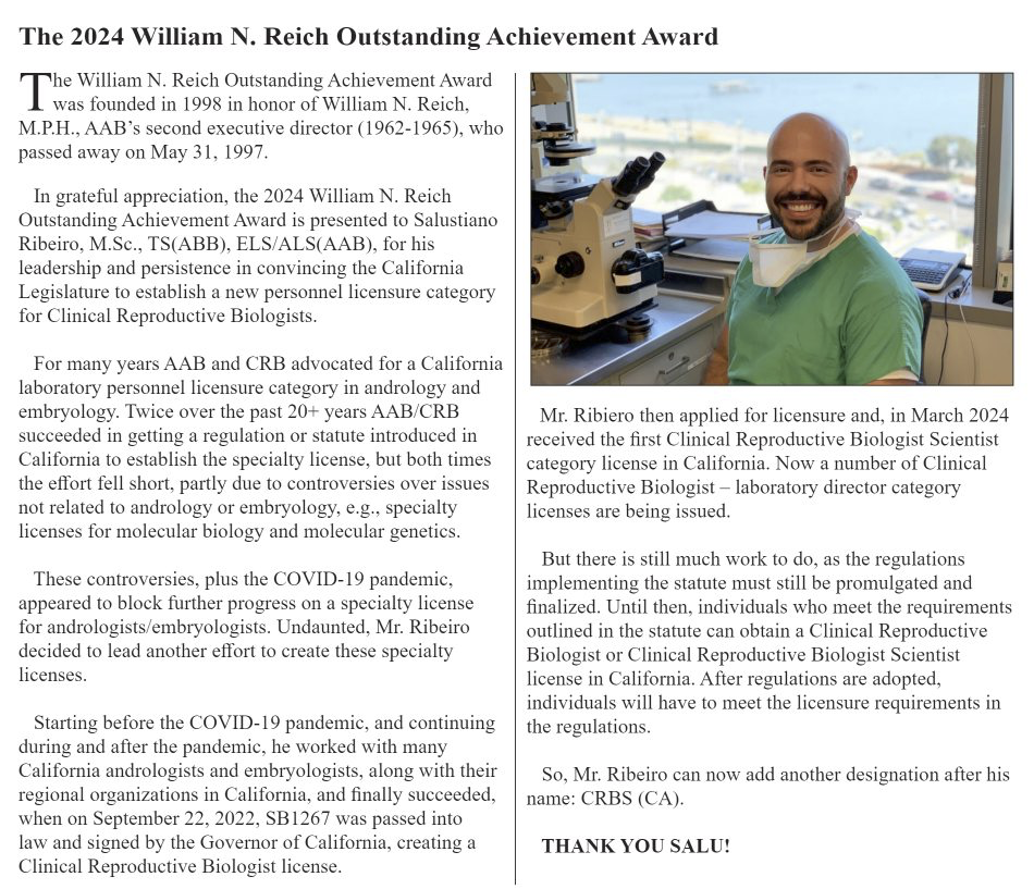 Salustiano's 2024 William N. Reich Outstanding Achievement Award Announcement.