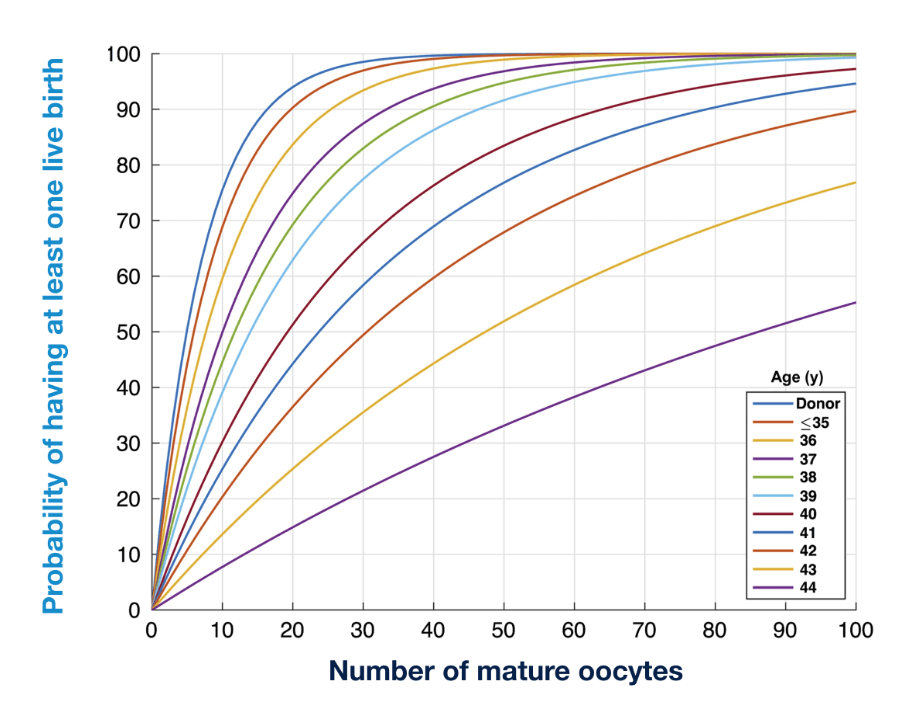 Line graph showing probability of live birth increasing with number of mature eggs, with curves by age group.